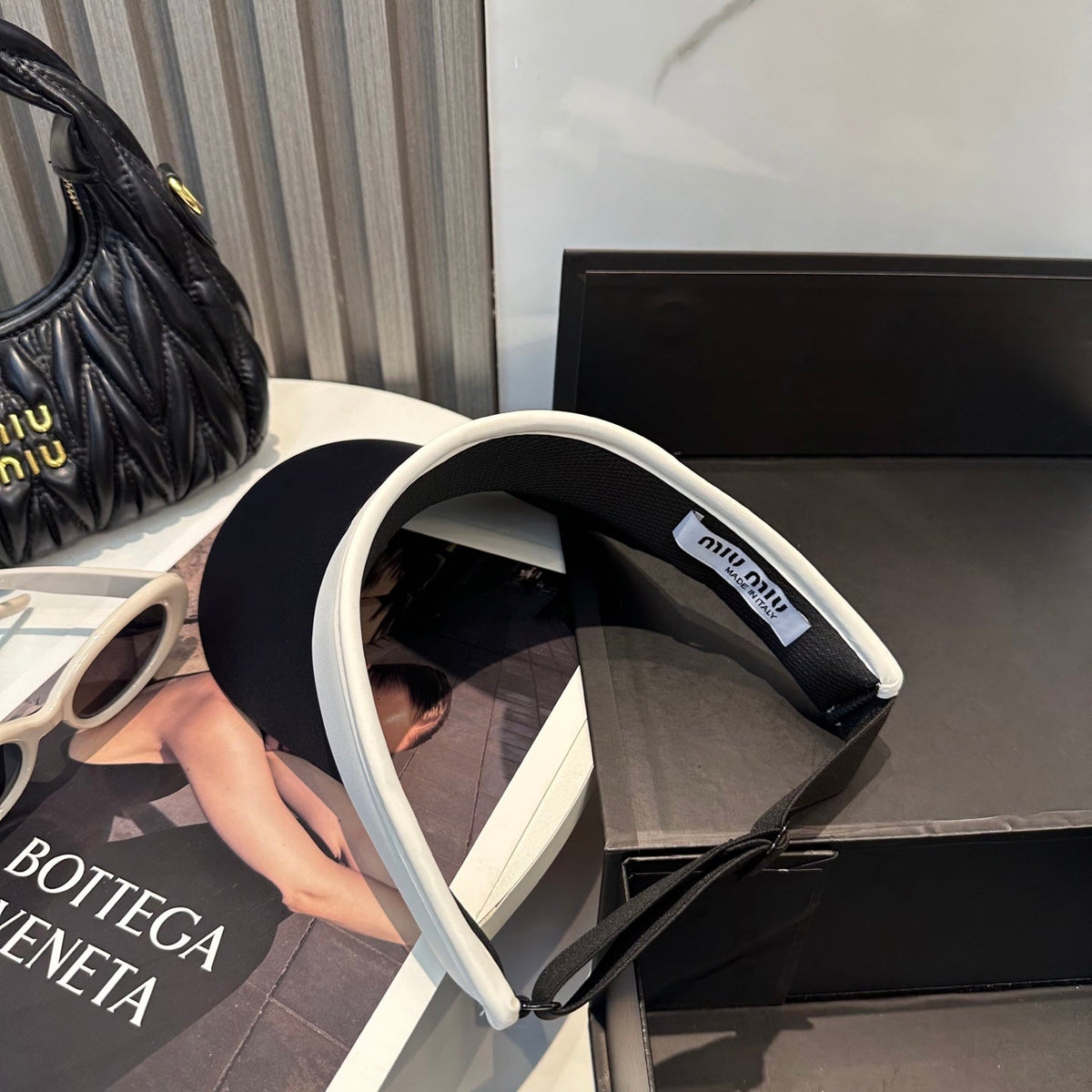 MIU MIU MM SPORT VISOR CAP IN BLACK MIX WHITE FABRIC