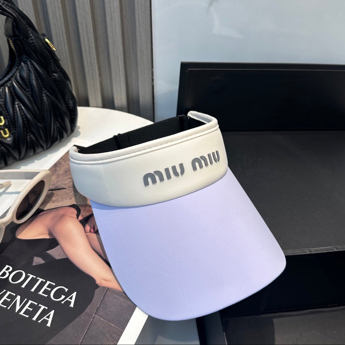 MIU MIU MM SPORT VISOR CAP IN PASTEL PURPLE MIX WHITE FABRIC