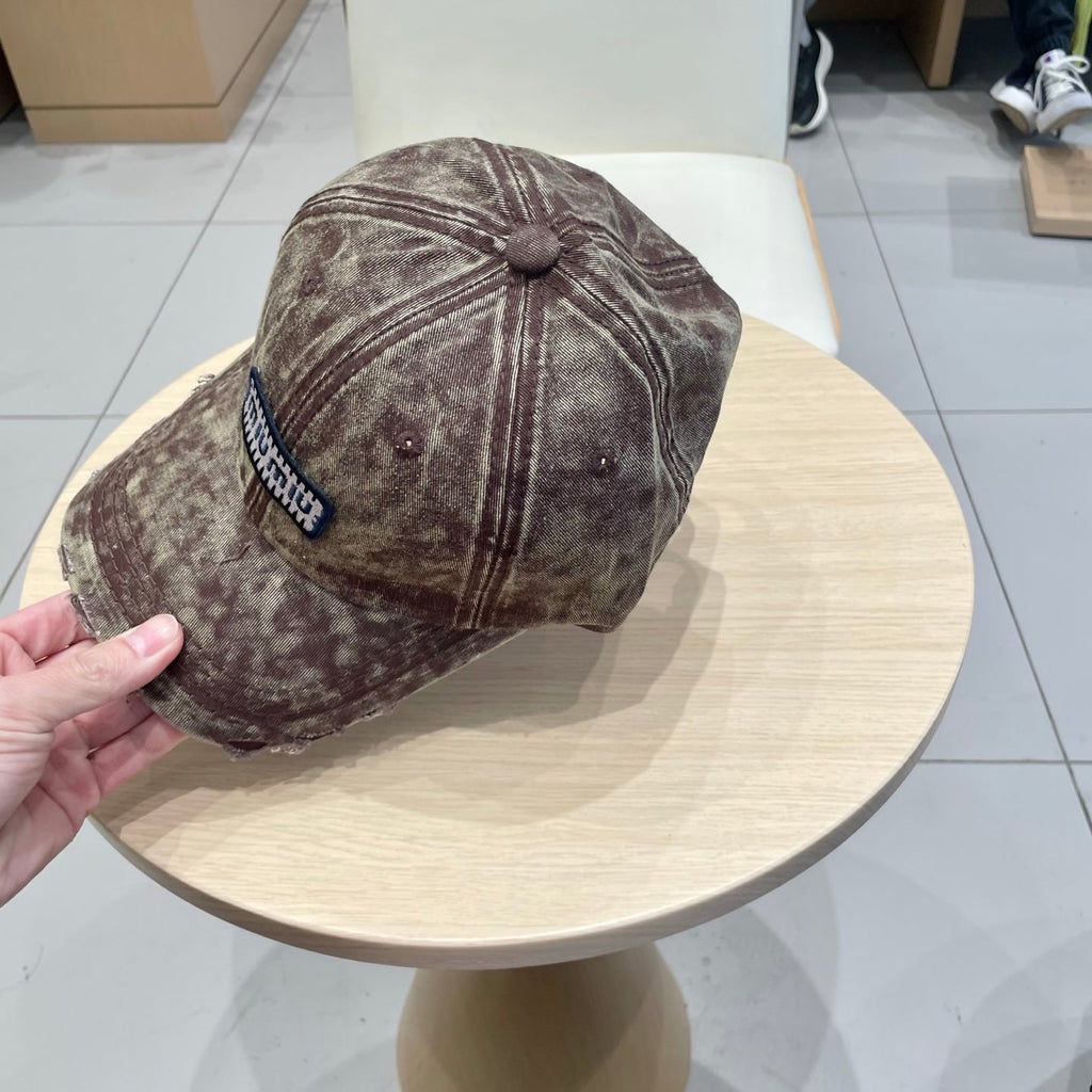 MIU MIU MM DISTRESSED FABRIC BASEBALL CAP IN BROWN WITH EMBROIDERED LOGO