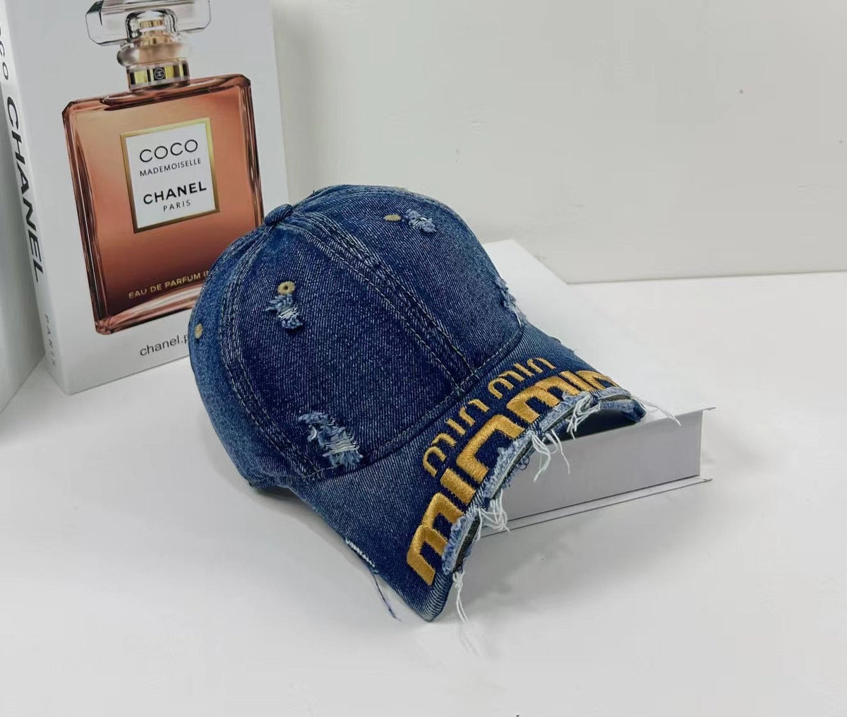 MIU MIU MM DISTRESSED EMBROIDERED BASEBALL CAP DENIM