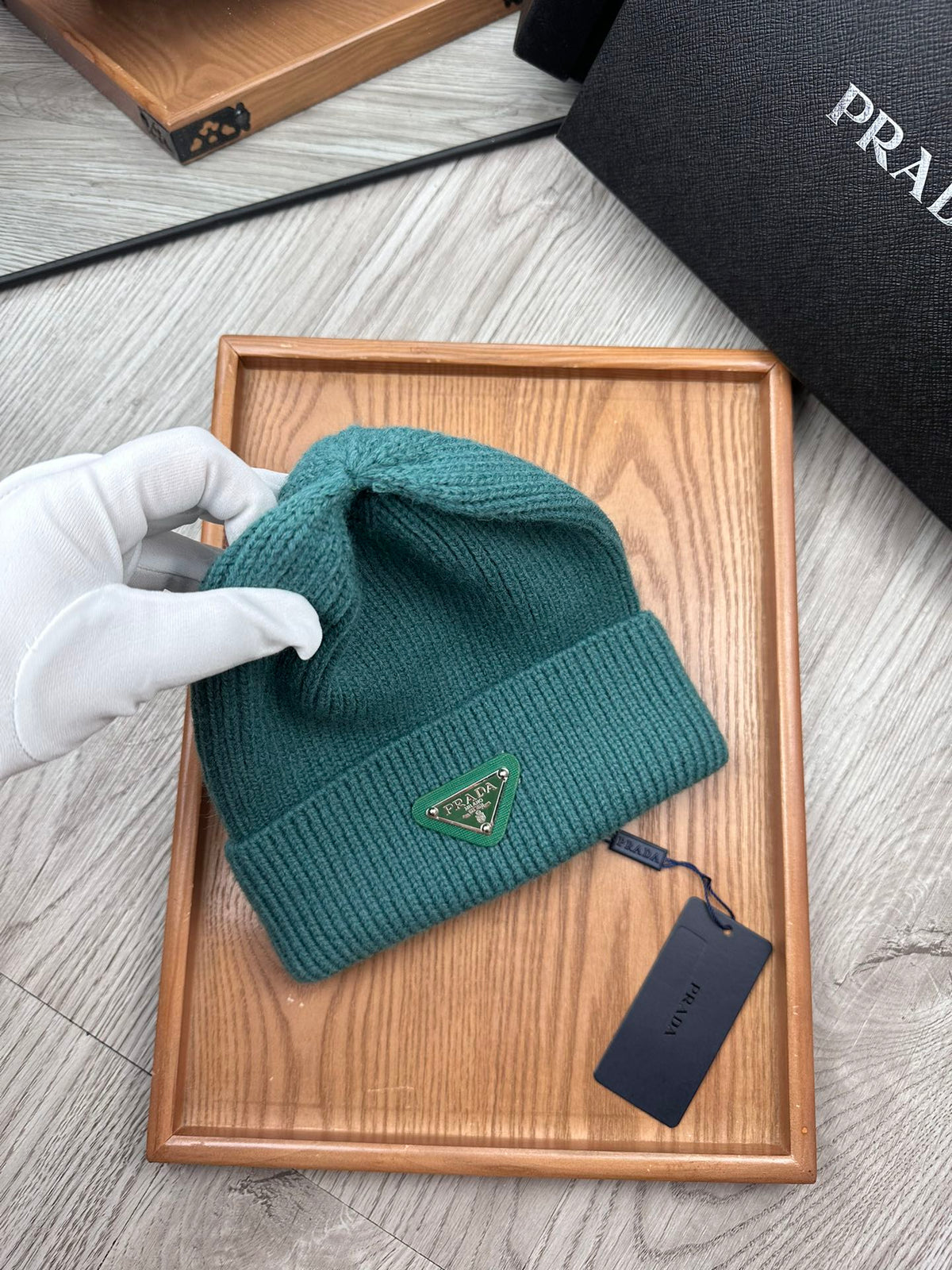 PRADA BEANIE HAT IN TEAL GREEN WOOL 332392