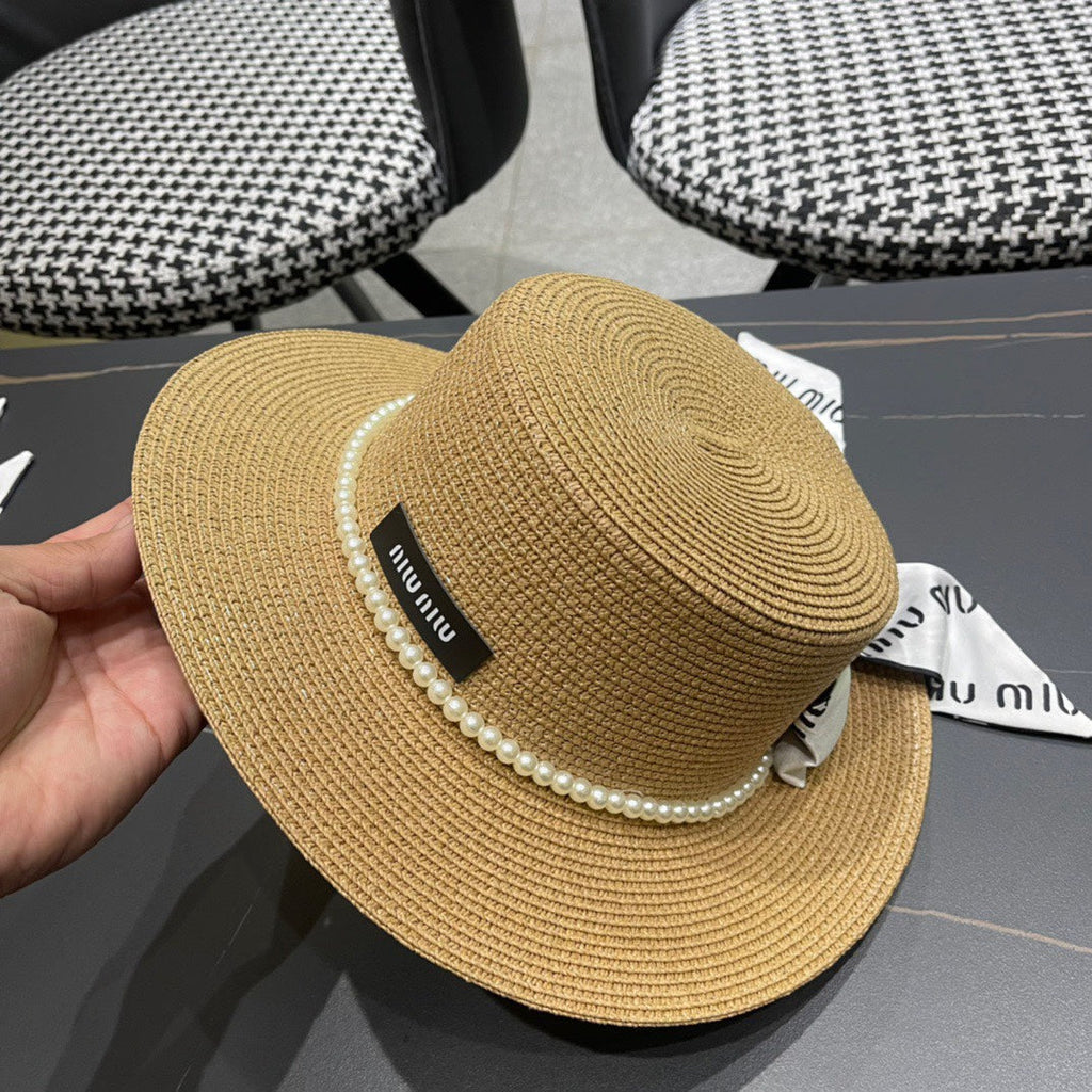 MIU MIU MM SMALL-BRIM STRAW HAT IN BEIGE AND PEARL EMBELLISHED