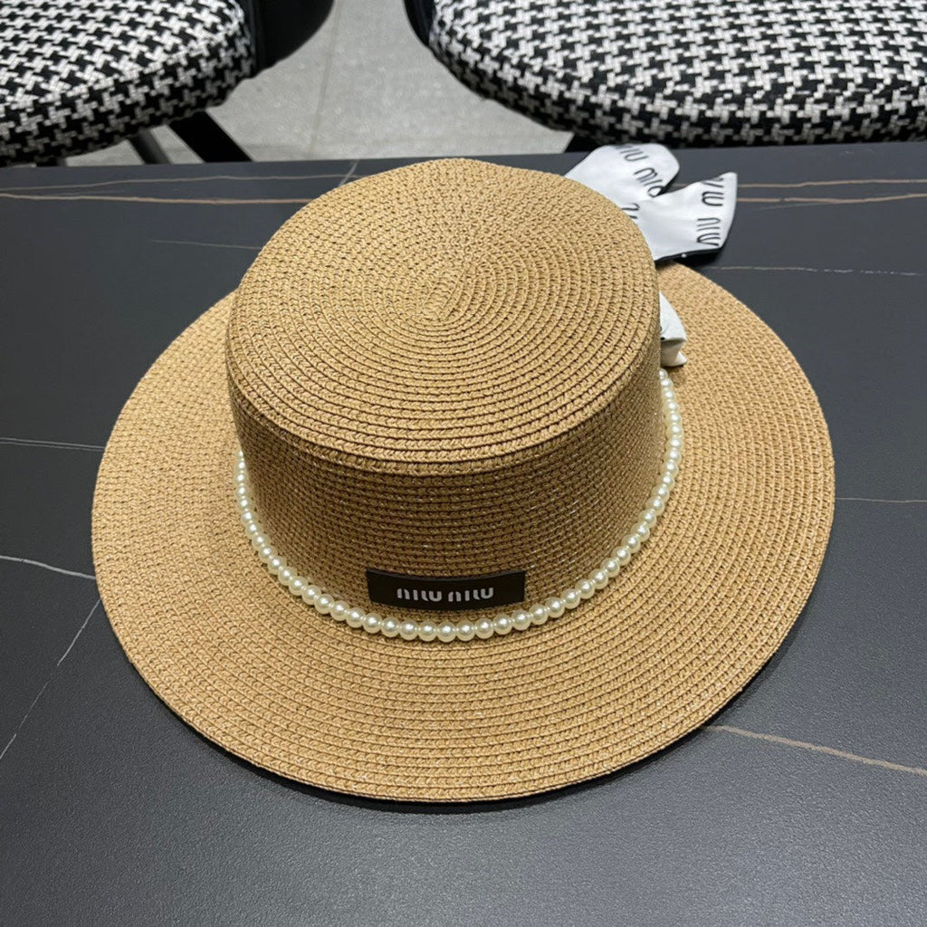 MIU MIU MM SMALL-BRIM STRAW HAT IN BEIGE AND PEARL EMBELLISHED