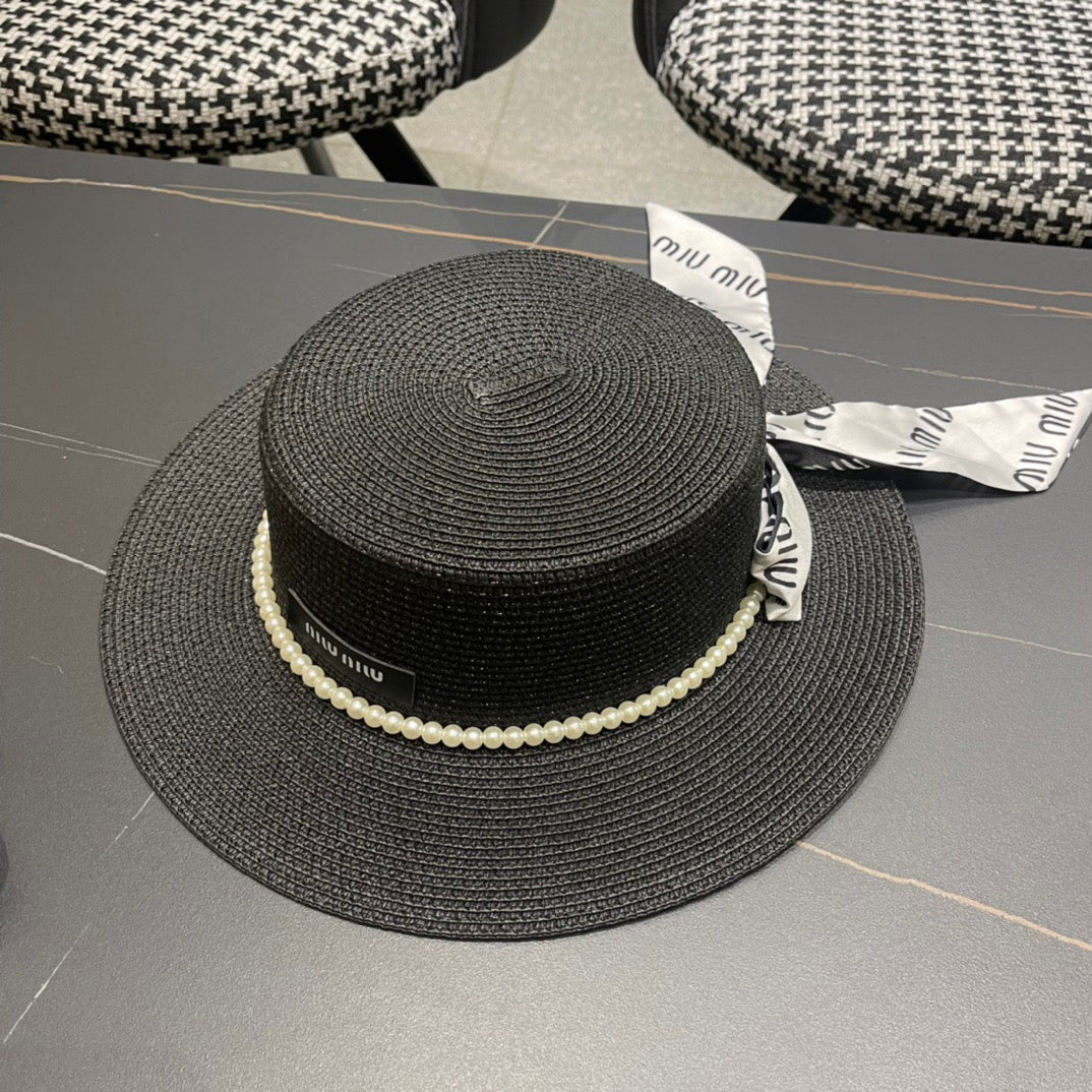 MIU MIU MM SMALL-BRIM STRAW HAT IN BLACK AND PEARL EMBELLISHED