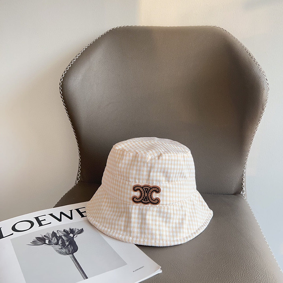 CELINE BUCKET HAT MODEL 652076 IN ORANGE & WHITE GINGHAM FABRIC